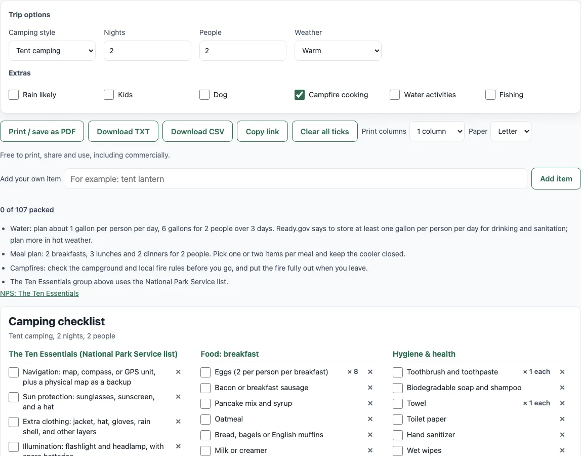 Camping checklist example
