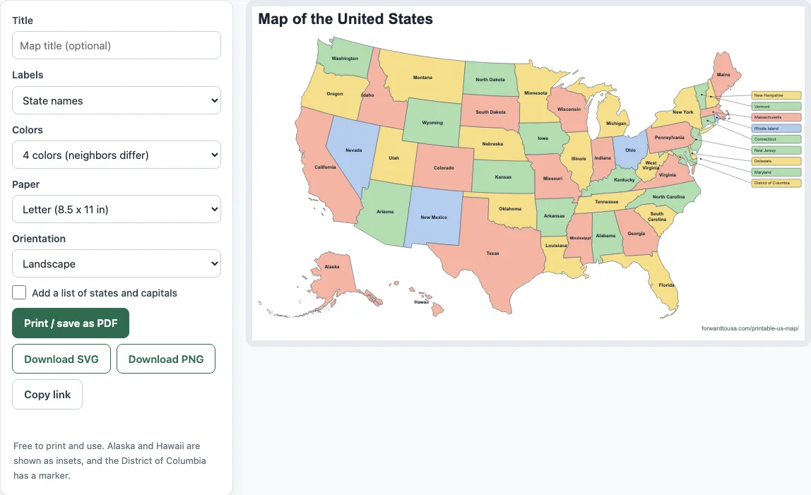Printable map of the united states example
