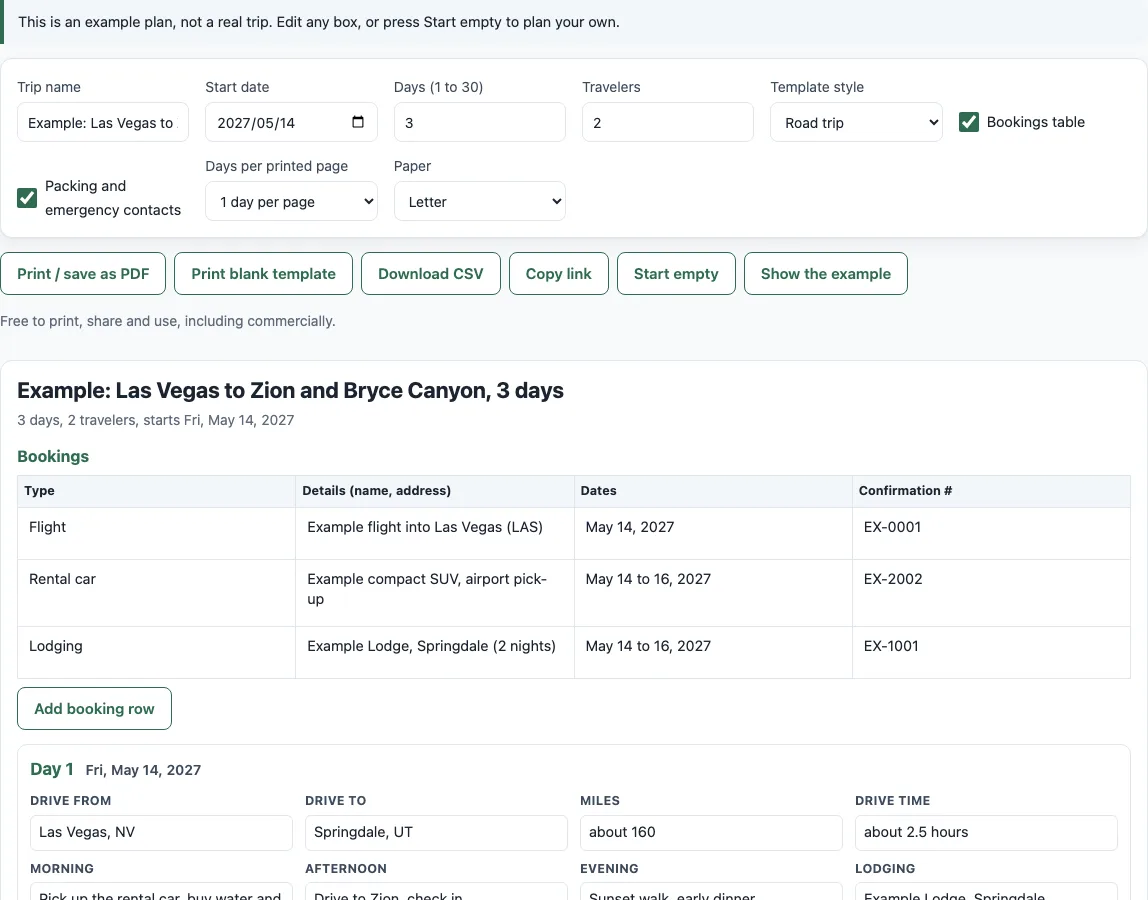 Travel itinerary template example